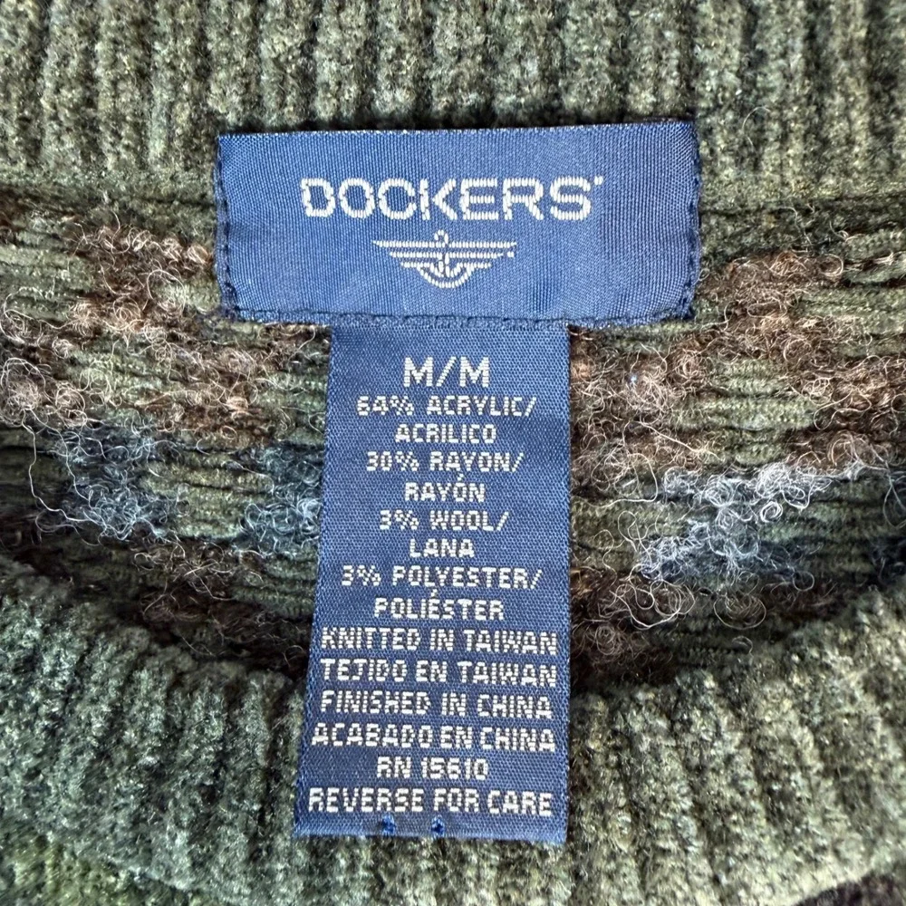 Dockers Fair Isle Sweater Mens Medium Green Geometric Knit Crewneck Pullover